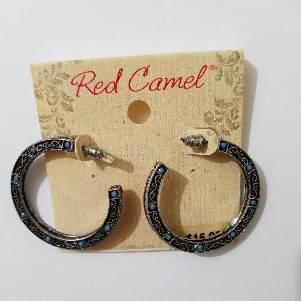 Red Camel Hoop Earrings Turquoise and Rhinestones Boho Hippie Girl 1.5"